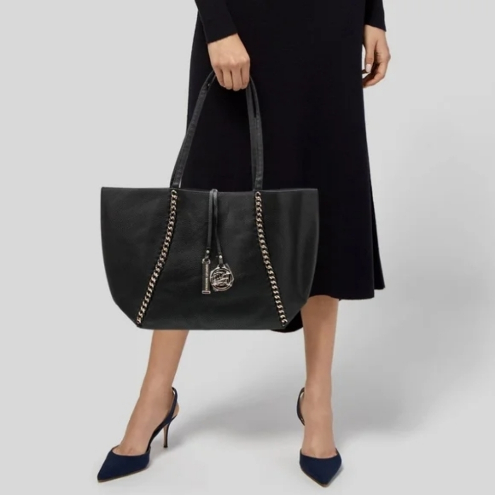 NWOT Badgley Mischka Black Faux Leather Large Chain Link Tote Bag With Charms